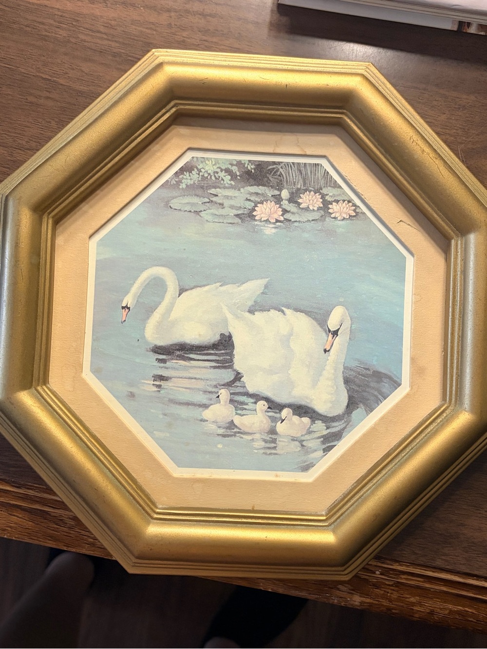 Vintage 1980s Homco Home Interiors Swan Family Gold Octagon Framed
Wall Art